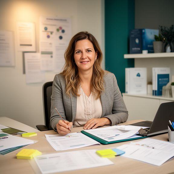 Experienced career coach from ArcaNascribe in a modern Tilburg office, surrounded by notes and coaching materials, warm professional atmosphere
